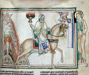 Öffnung des vierten Siegels: Der Tod reitet auf dem grünen Pferd. Miniatur aus „Die Apokalypse von Cambrai“ illuminiert von der französischen Schule des 13. Jahrhunderts. Ms. 422. Stadtbibliothek, Cambrai