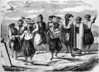 Orthodoxes Fest: Griechische Ostertänze auf dem Großen Feld der Toten in Konstantinopel. Gravur in „Le Monde Illustré“ Nr. 52 vom 10. April 1858