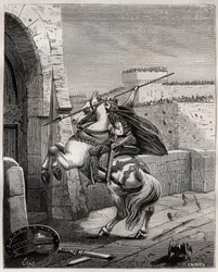Otto II., Heiliger Römischer Kaiser vor Paris - Otto II. des Heiligen Reiches, bekannt als der Rote (955-983), ärgert sich, dass er nicht in Paris eindringen kann (Belagerung von Paris, 978), und geht unter die Mauern der Stadt, um seinen Speer in das Tor 
