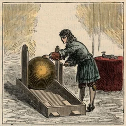 Otto von Guericke (1602-1686), deutscher Physiker, der den ersten statischen Elektrizitätsgenerator bedient