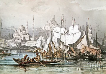 Panorama des Schiffsverkehrs im Hafen von Konstantinopel mit der Blauen Moschee und der Hagia Sophia