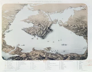 Panoramablick und Plan von Sewastopol und der Schwarzmeerküste zur Zeit des Krimkrieges, 1855