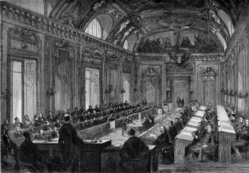 Paris, 4. August 1871: Erste Sitzung des Gemeinderats im Thronsaal des Palais du Luxembourg. Gravur in „Le Monde Illustré“ Nr. 748 vom 12. August 1871