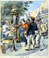 Pariser trinken um einen Wallace-Brunnen - in „Le Petit Journal“ vom 19.08.1900 (Gravur)