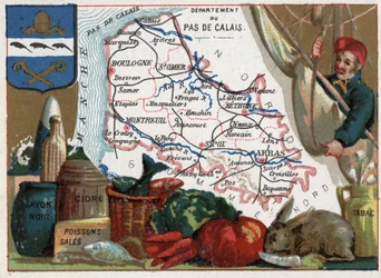 Pas-de-Calais (62), Nord-Pas-de-Calais (Nord-Pas-de-Calais), Frankreich. Lokale Spezialitäten: schwarze Seife, schmutziger Fisch, Apfelwein und Tabak. Serie über die französischen Départements. Chromolithografie (Chromo) „Der geografische Faden“, um 1920.