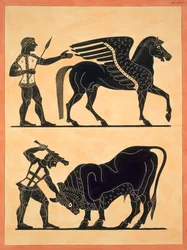 Pegasus, mit Herkules, der den Stier tötet