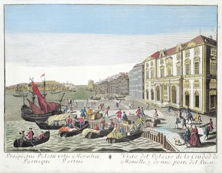 Perspektivische Ansicht des Rathauses und eines Teils des Hafens von Marseille, ca. 1770