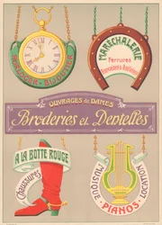 Schildermodelle für Jugendstilbuchstabenmaler (Uhren-Juwelier, Maréchalerie, Stickerei und Spitze, Schuhe, Musikklaviere)