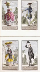 Platten 13-16 aus einem Almanach der zeitgenössischen französischen Mode