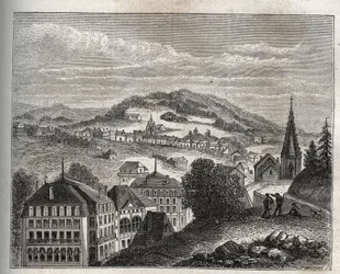 Plombieres-les-Bains (Plombieres les Bains) Thermalbad der Vogesen - Gravur in „La France illustrée: Geographie, Geschichte, Statistik, Verwaltung“ von V.A. Malt-Brown. 1884