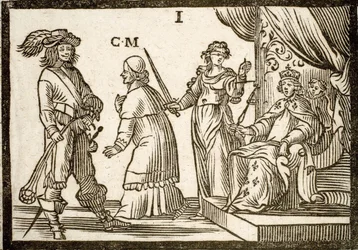 Politische Pamphlete Mazarinade: Mazarin wird von der Justiz und der Fronde verbannt und verlässt den König (Louis XIII). Holzschnitt von 1651.