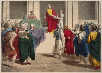 Pontius Pilatus wäscht seine Hände vor Jesus, Illustration aus einem Katechismus L