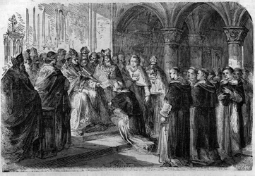 Papst Adrian II. übergibt einem seiner Legaten eine Exkommunikationsbulle gegen Lord Normand. Gravur in „Histoire des Papes-Rois-Reines und Kaiser durch die Jahrhunderte“ von Maurice Lachatre