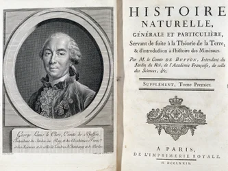 Porträt und Titelseite von „Histoire naturelle, générale et particulière“ von Buffon