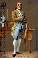Ganzkörperporträt von Benjamin Franklin, amerikanischer Politiker und Physiker (1706-1790) - Chromolithographie, Anfang 20. Jahrhundert