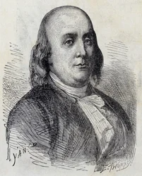 Porträt von Benjamin Franklin (1706 - 1790), amerikanischer Politiker, Memorialist, Pamphletist und Physiker - im „Album der Wissenschaft; berühmte Gelehrte; Große Entdeckungen“ 1896.