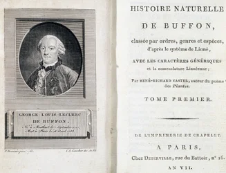 Porträt von Buffon und die Titelseite von „Naturgeschichte von Buffon“