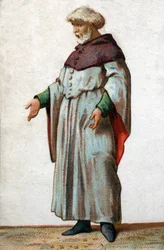 Porträt von Eustache de Saint Peter, dem bekanntesten der sechs Bürger von Calais. Chromolithographie aus dem späten 19. Jahrhundert
