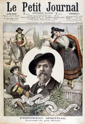 Porträt von Frédéric Mistral, umgeben von provenzalischen Charakteren (Gardian, Pfeifer und Mireille) - in „Le Petit journal“ vom 28.12.1904 (Gravur)