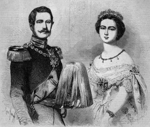 Porträt von Friedrich Wilhelm von Preußen (1831-1888, zukünftiger Friedrich III., König von Preußen und Deutscher Kaiser) und seiner Verlobten, Prinzessin Victoria von England (1840-1901). Gravur in „Le Monde Illustré“ Nr. 41 vom 23. Januar 1858.