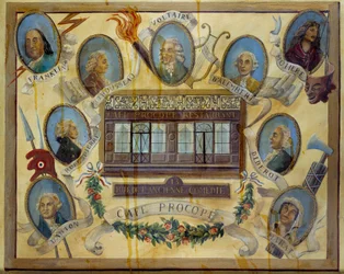 Porträt historischer Persönlichkeiten und Ansicht des Pariser Cafés Le Procope: Benjamin Franklin, Jean Jacques Rousseau, Voltaire, Jean D
