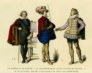 Porträts des Marschalls von Souvre (gestorben 1626), von Roger de Saint Lary, Herzog von Bellegarde (1562-1646), Großstallmeister von Frankreich und Antoine de Pluvinel (1556-1605), Reitlehrer von Ludwig XIII. (1610-1643). Farbstich, in „Frankreich und die