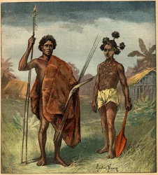 Porträts von zwei indigenen Menschen aus dem Marringong-Stamm, New South Wales (Australien). Gravur in „La Terre Illustrée“ Nr. 97 vom 8. September 1892
