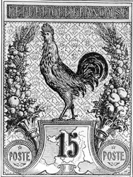 Briefmarke mit dem französischen Hahn, dem Emblem der Französischen Republik, spätes 19. Jahrhundert