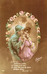Postkarte, die einen französischen Soldaten und seine Geliebte darstellt, 1914-18