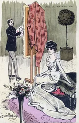 Postkarte, die einen modischen Porträtmaler bei der Arbeit zeigt, 1910