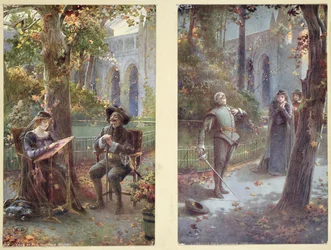 Postkarten darstellend Cyrano de Bergerac mit Roxanne, ca. 1900