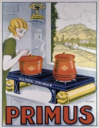 Werbeplakat für den Primus-Kocher, gedruckt von Dampenon & Elarue