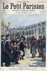 Übergabe der Fahne des China-Regiments durch General Faure-Biguet an General Arnoux, Gouverneur der Invalides in Paris, in „Le Petit Parisien“ 1901 (Gravur)