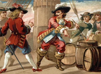 Freibeuter Jean Bart (1650-1702) bedrohte einen englischen Freibeuter, der ihn gefangen nahm, indem er ihm drohte, sein Schiff in die Luft zu sprengen, indem er ein Pulverfass in Brand setzte. Chromolithographie aus dem späten 19. Jahrhundert
