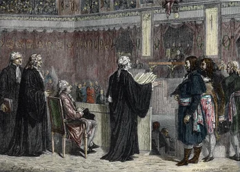 Prozess von Louis XVI: Auftritt von Louis XVI vor den Abgeordneten des Nationalkonvents (Farbgravur)