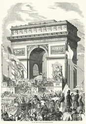 Prozession vor der französischen Provisorischen Regierung am Arc de Triomphe, Paris