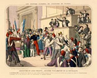 Ausrufung der Zweiten Französischen Republik während der Februarrevolution, 24. Februar 1848, von Gadola in Lyon 1848 veröffentlichtes Flugblatt