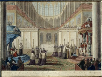 Verkündung des Konkordats von 1801: vom Klerus Frankreichs in die Hände des 1. Konsuls Bonaparte vereidigt, in Anwesenheit des Legaten seiner Heiligkeit in der Metropolitankirche von Paris am 22. Germinal Jahr 10, Ostersonntag 8. April 1802