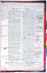 Korrekturseite einer Ausgabe des Wörterbuchs der Französischen Akademie (Tinte auf Papier)