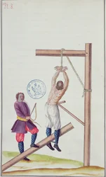 Bestrafung mit einer Knute, während das Opfer an einem Seil aufgehängt ist, aus Voyage en Russie, 1731