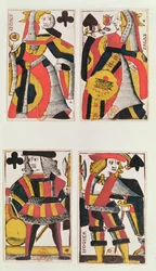 Königin und Bube spielen Karten (farbiger Holzstich)