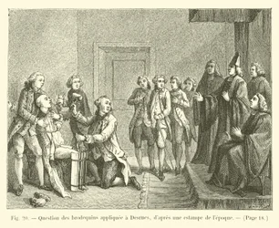 Folter mit den Brodequins angewendet auf Desrues, nach einem zeitgenössischen Stich