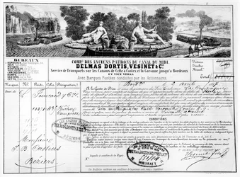 Quittung der Compagnie du Canal du Midi für den Warentransport von Bordeaux nach Béziers, 1857