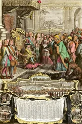 Empfang von Mehemet Effendi, türkischer Botschafter des großen Sultans Achmet, durch Ludwig XV. am 21. März 1721 in den Tuilerien. Gravur des 18. Jahrhunderts. Private Sammlung.