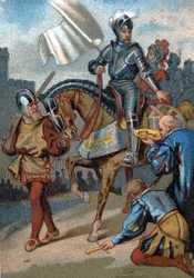 Rückeroberung von Calais von den Engländern durch den Herzog von Guise im Jahr 1558. Chromolithographie aus der Serie "Patriotische Erziehung durch Bild".