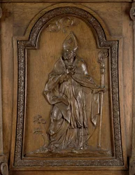 Relief, das St. Medard (ca. 456-545), Bischof von Noyon, darstellt, von der Kanzel (Holz)
