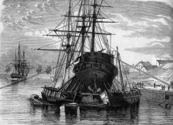 Reparatur eines Schiffes (des Dampfers „Vera Cruz“): Wir heben das Heck an, um die Schraube freizulegen. 1863. Gravur in „Le Monde Illustré“ Nr. 320 vom 30. Mai 1863
