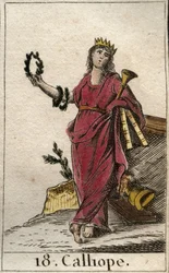 Darstellung von Kalliope, Muse der epischen Dichtung, sie hält eine Krone und die Trompete des Epos in der Hand. Aus „Mythologie der Jugend“ von Pierre Blanchard 1803.