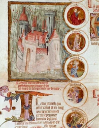 Darstellung von Enocham, erste Stadt der Welt, gegründet von Yared (Jared) zu Ehren seines Sohnes Enoch. Seite aus dem Manuskript „Genealogie der Bibel“ der französischen Schule. 14. Jahrhundert. Cremona, Biblioteca Governativa