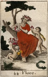 Darstellung von Flora, Göttin der Blumen und des Frühlings. Aus „Mythologie der Jugend“ von Pierre Blanchard 1803